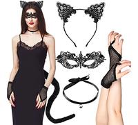 BBTO 5 Piezas Set Disfraz de Gato Negro de Encaje de Halloween, Incluye Diadema de Orejas de Gato Máscara de Mujer de Mascarada Cola de Gato de Felpa Gargantilla Guantes de Red sin Dedos