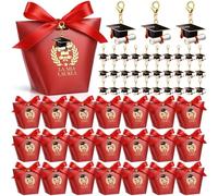 BBTO 50 Juegos de Cajas de Recuerdos de Graduación 50 Cajas de Recuerdos | 50 Llaveros de Sombreros Esmaltados 1 Rollo de Cinta Roja Regalos de Decoración para Fiesta Graduación Hechos a Mano