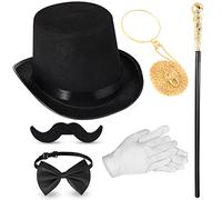 BBTO 6 Piezas Disfraces Caballero Hombre 1920 Gorro Cetro Collar de Lupa Collar Pajarita Guantes Barba (Oro, Estilo Moderno)