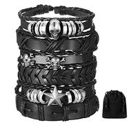 BBTO 6 Pulseras de Cuero Tejidas de Halloween Brazalete Trenzado Punk para Hombres Mujeres Pulsera de Cuero Gótica Negra Ajustable para Regalos de Joyería de Fiesta (Estilo Pluma)
