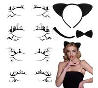 BBTO 7 Piezas Conjunto de Disfraz de Gato de Cosplay y Pegatinas de Sombras de Ojos, Diadema de Orejas de Gato Cola Pajarita 4 Pares Pegatinas de Delineador para Mujer Mardi Gras (Estilo Elegante)