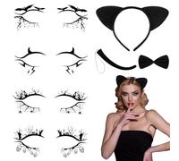 BBTO 7 Piezas Conjunto de Disfraz de Gato de Cosplay y Pegatinas de Sombras de Ojos, Diadema de Orejas de Gato Cola Pajarita 4 Pares Pegatinas de Delineador para Mujer Mardi Gras (Estilo Clásico)