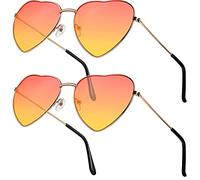 BBTO Gafas de sol hippie de corazón de 2 piezas gafas de sol de los años 70 gafas de sol hippie con montura metálica fina y hermosas gafas de corazón, gafas retro vintage, rojo y amarillo