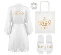 BBTO Juego de 4 Regalos de Novia Regalos de Despedidas de Soltera Bata de Novia de Satén Blanco con Encaje Dorado Bolsa Zapatillas Lazo de Pelo Blanco para Boda Compromiso Spa(XXL)