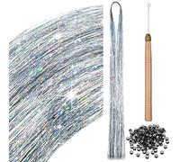 BBTO Kit de 200 Mechones de Pelo de Oropel Extensión de Cabello de Oropel con Brillo Hilo de Extensión de Pelo Brillante con Herramientas para Trenzar Fiesta de Cosplay (Plata)