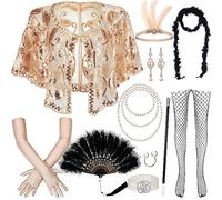 BBTO Set de 11 Accesorios Los Años 20 Disfraz Flapper Diadema de Plumas Pendientes Collar Chal Guantes de Bailar Mujer (Champán)
