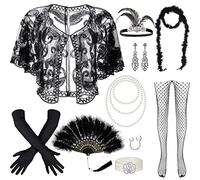 BBTO Set de 11 Accesorios Los Años 20 Disfraz Flapper Diadema de Plumas Pendientes Collar Chal Guantes de Bailar Mujer (Negro)