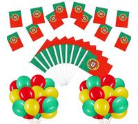 BBTO Set de Bandera 10 Banderas Pequeñas de Mano Set 30 Globos de Fiesta con Pancarta(Portugal)