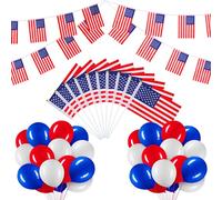 BBTO Set de Bandera de América con Banderines de Bandera 10 Banderas Pequeñas de Mano Set 30 Globos de Fiesta con Pancarta para Día de América Fiesta de Despedida Decoración de Fiesta Patriótica