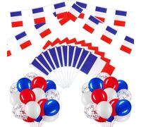 BBTO Set de Bandera Francesa con Banderines de Bandera 10 Banderas Pequeñas de Mano Set 30 Globos de Fiesta con Pancarta para Día de Independencia Fiesta de Despedida Decoración de Fiesta Patriótica