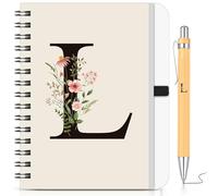BBTO Set de Cuaderno y Bolígrafo Personalizado con Inicial L, Cuaderno Espiral Floral B6 con Bolígrafo de Bambú Diario Regalo para Mujeres Hombres Navidad Cumpleaños San Valentín Amigas Profesores