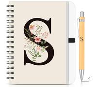 BBTO Set de Cuaderno y Bolígrafo Personalizado con Inicial S, Cuaderno Espiral Floral B6 con Bolígrafo de Bambú Diario Regalo para Mujeres Hombres Navidad Cumpleaños San Valentín Amigas Profesores