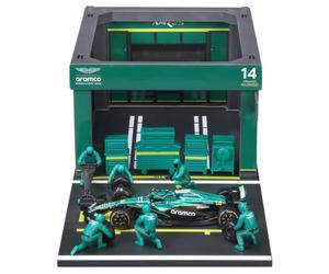 Bburago - Aston Martin AMR25 Alonso, Set de Juego «Pit Stop» a Escala 1:43