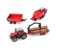 Bburago B18-31668 Massey Ferguson 8740S Tractor agrícola Fundido a presión con 3 vehículos remolques, Rojo
