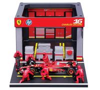 Bburago - Pit Stop Ferrari SF-24#16 Leclerc, Juego con Diorama, Vehículo a Escala 1:43 y 6 Mecánicos, Réplica Detallada con Licencia Oficial Ferrari, Edad Recomendada 3+ Años