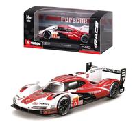 Bburago - Porsche 963#6 con Vitrina de exposición a Escala 1:43, Coche de fundición a presión Blanco y Rojo, réplica Detallada de Carreras de Resistencia, Licencia Oficial de Porsche, 14+