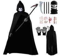 BBWELL Halloween Disfraz de Parca Adulto,Disfraz de Parca de Halloween,Conjunto de Disfraces de Reaper,Traje de Muerte con Máscara de Calavera, Guadaña y Guantes para Halloweens,Carnavales y Cosplay