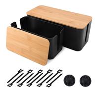 BBWELL Pack de 2 Organizador de Cables, Caja de Gestión de Cables con Tapa de Bambú, Ocultar Organizador Cables el Cableado del Ordenador y los Cables Sueltos, Gestión Sencilla y Ecológica de Cables