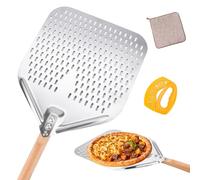 BBWELL Pala Pizza de Acero Inoxidable, Pala para Pizza Perforada 12 Pulgadas[73cm] y Mango de Madera Extraíble(con Cuchillo para Pizza)