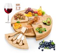 BBWELL Set Tabla de Queso de Bambú y Cuchillos,Tabla de Quesos de Bambú,Tabla de Quesos Redonda,Bandeja de Servir de Bambú,para Servir Embutidos,Picnics,Fiestas,Frutas,Verduras,Carne