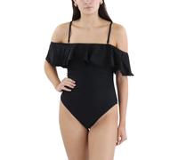 BCBGMAXAZRIA Traje de baño estándar de una Pieza para Mujer con Hombros Descubiertos, Control de Abdomen, Secado rápido, Sólido Negro, Large