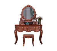 BCCCLLLSA Tocador con espejo y taburete, espejo ovalado de maquillaje estilo clásico, bancos acolchados tallados delicados, patas de madera, mesas de tocador con cajones divididos (color: marrón