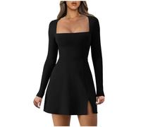 Bcenoilua Vestido Mujer Elegante Manga Larga Cuello Cuadrado Midi Bodycon Sexy Ajustado Abertura Lateral Corto Cóctel Vestidos Color Sólido Casuales Minivestido de Noche Fiesta Clubwear Ceremonia
