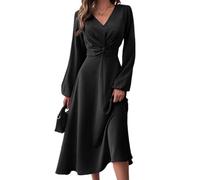 Bcenoilua Vestidos de Fiesta Mujer Elegante Manga Larga Midi Vestido de Cóctel Plisado Sexy Cuello en V Bodycon Vintage A-línea Formal Vestido para Invitada Boda Noche Otoño Invierno