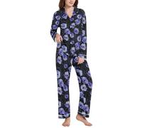 BCFHRGT Art Anemone - Conjunto de pijama con solapa de muesca para mujer, color negro, Art Anemone, negro, S