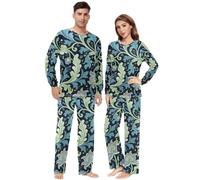 BCFHRGT Conjunto de pijama a juego para parejas, diseño de hojas de algas y flores azules, conjunto de pijama de dos piezas para él y ella, William Morris - Hoja de algas marinas, flor azul, XS