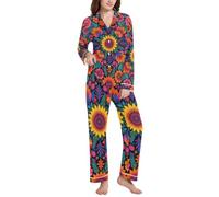 BCFHRGT Conjunto de pijama con solapa de muesca y estampado floral de arte popular mexicano para mujer, Patrón de bordado floral de arte popular mexicano, Large