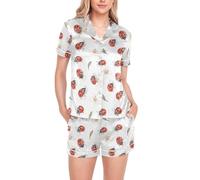 BCFHRGT Conjunto de pijama de satén de seda blanca de dibujos animados Sweet Lady Bug para mujer, cómodo conjunto de manga corta para novia, Dibujos animados Sweet Lady Bug White, S