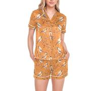 BCFHRGT Conjunto de pijama de satén de seda naranja con diseño de pájaros de cedro de dibujos animados para mujer, conjunto de pantalones cortos de satén con botones, Dibujos animados de cedro Waxwing
