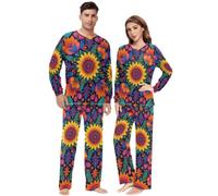 BCFHRGT Conjunto de pijamas a juego para parejas, arte popular mexicano, patrón bordado floral, manga larga para mujeres y hombres, Patrón de bordado floral de arte popular mexicano, XS