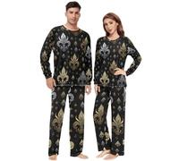 BCFHRGT Conjunto de pijamas a juego para parejas, diseño de flor de lis dorada y negra, ropa de dormir de manga larga, suave y cálida, Flor de lis de carnaval dorada y negra, S