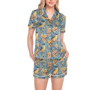 BCFHRGT Divertidos pijamas de seda de cedro con diseño de pájaros azules de dos piezas para mujer, conjunto de pijama suave de manga corta con bolsillos, Divertido Cedro Waxwing Birds Azul, M
