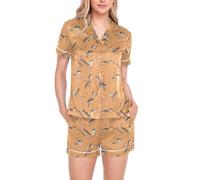 BCFHRGT Pijama de seda naranja de cedro de dibujos animados para mujer, lavable, manga corta, con botones, para Navidad, Dibujos animados de cedro Waxwing Birds Naranja, XL