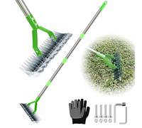 BCJCLTS Rastrillo de paja para césped con mango de 65 pulgadas, rastrillo de 14 pulgadas para limpiar hierba muerta, rastrillo de metal de acero eficiente para desbrozar, rastrillos de paja