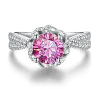 BCJMKDX Anillos, Alianzas de boda de moissanita for mujer, 1 quilate, corte redondo, color D, VVS1, anillo de diamante azul/púrpura/rosa, anillos de compromiso de moissanita con certificado(Pink,8)