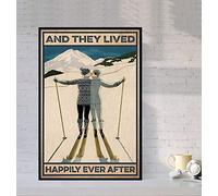 BCTS Cartel vintage de esquí con texto en inglés "Pareja y Ellos vivieron felizmente siempre después de esquiar amantes del esquí regalo para esquiadores vintage cartel de pared 30,5 x 40,6 cm