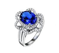 BCughia Anillo de boda de oro blanco de 18 quilates para mujer, flor con forma ovalada, tanzanita de 3,4 quilates y diamante, anillo de compromiso, tamaño H 1/2-X 1/2, Oro blanco de 18 quilates