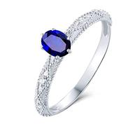 BCughia Anillos de compromiso de oro blanco de 18 quilates con forma ovalada de 0,4 quilates con zafiro y diamante, tamaño H 1/2-X 1/2, Oro blanco de 18 quilates, Zafiro Diamante