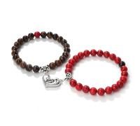 BCughia Juego de 2 pulseras para parejas, pulsera de malaquita de roca de lava de 8 mm con corazón, pulseras elásticas para mujer de 18 a 19 cm, Piedra, No es una piedra preciosa