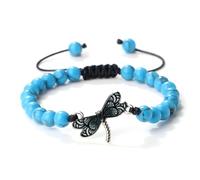 BCughia Pulseras de piedra con cuentas para mujer, pulsera de piedra mate de 8 mm con libélula negra, pulsera de cuerda ajustable de 17 a 28 cm, Piedra, No es una piedra preciosa