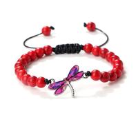 BCughia Pulseras de piedra con cuentas para mujer, pulsera de piedra mate de 8 mm con libélula roja rosa, pulseras ajustables de la amistad de 17 a 28 cm, Piedra, No es una piedra preciosa