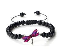 BCughia Pulseras de piedra con cuentas para mujer, pulsera de piedra mate de 8 mm con libélula roja rosa, pulseras ajustables de la amistad de 17 a 28 cm, Piedra, No es una piedra preciosa