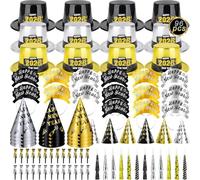 Bdecoll Año Nuevo 2026 - Juego de 96 sombreros de Año Nuevo de fiesta, 12 sombreros triangulares, 12 sombreros de cono de fiesta, 12 felices años, diadema tiara cuernos, sombreros de burbujas y perlas