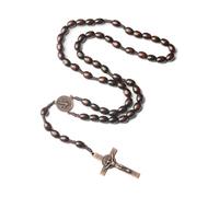 BDEPSTR Collar rosario cruz católico, cuentas de oración de madera natural con medalla cruz Jesucristo San Benito, para cristianos católicos Comunión religiosa, Bautismo, Misa, Biblia