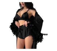 BDFCPC Bata de Casa Verano Roba Pluma Seda, Ropa Interior, Pantalones Cortos, Pijamas, Set Salón Tres Piezas-黑色-s