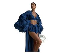 BDFCPC Bata de Casa Verano Roba Pluma Seda, Ropa Interior, Pantalones Cortos, Pijamas, Set Salón Tres Piezas-蓝色-l